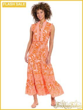 Tropical Leaf Print V-Neck Sleeveless Maxi Dress Smocked Waist